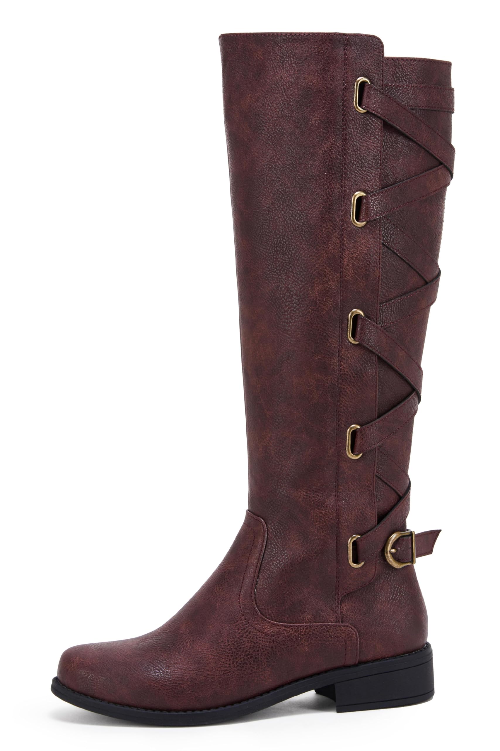 Syktkmx Womens Wine Red Strappy Knee High Boots