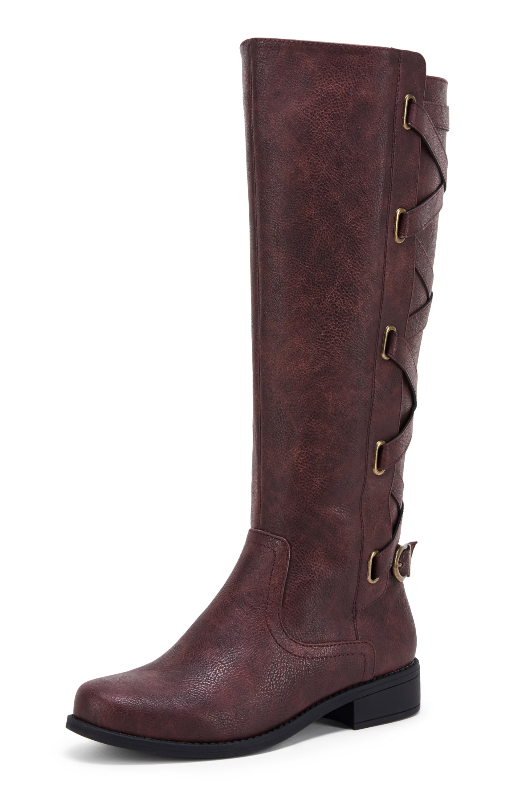 Syktkmx Womens Wine Red Strappy Knee High Boots