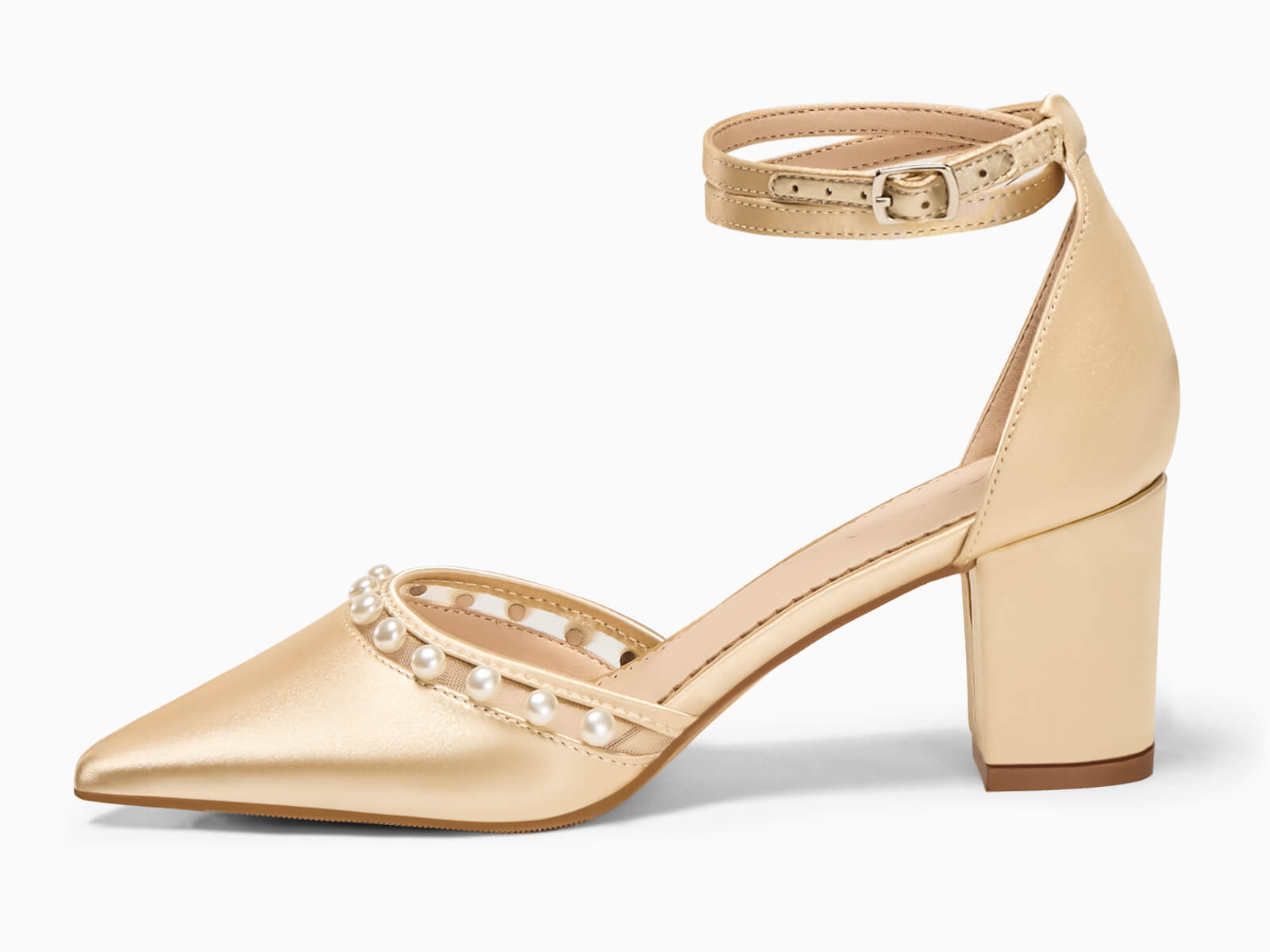 Coutgo Womens Champagne Gold Pearl Chunky Heels